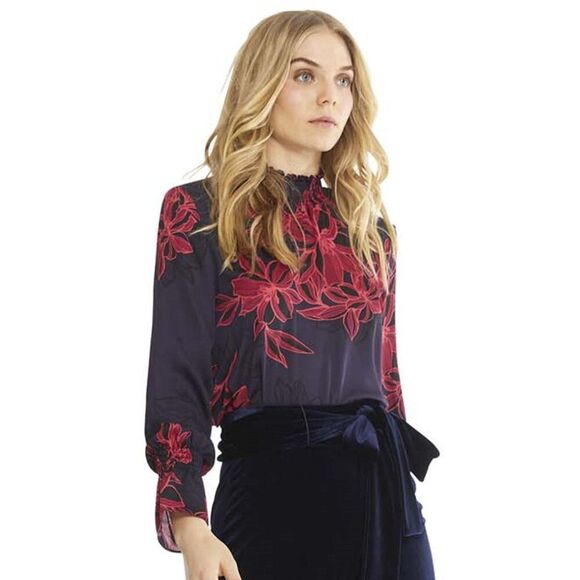 Misa -668 Purple Red Multi Ruched Mock Neck Long Sleeve Floral Giana Top Size S - Picture 1 of 11